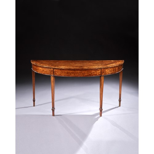 A Pair of George III Period Mahogany And Burr Yew Wood Semi Elliptical Side Tables